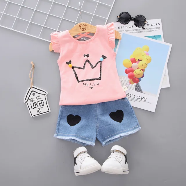 Summer Cute Cartoon 2PCS Kids Baby Girls Floral T-shirt Top Shorts Pants Set Clothes Girls Clothing Sets HuangGuan-pink