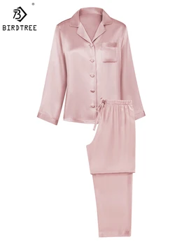 Birdtree 16MM 100%Mulberry Silk Pajama Set Women's Solid Lapel Long Sleeve Pants Basic Comfortable Loungewear Spring S3D988QD