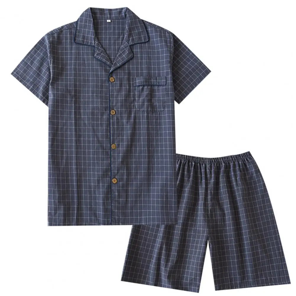 Spring Summer Men's Pajamas Short Sleeved Top and Pants Washed Cotton Simple Plaid Home Service Suit men pyjamas