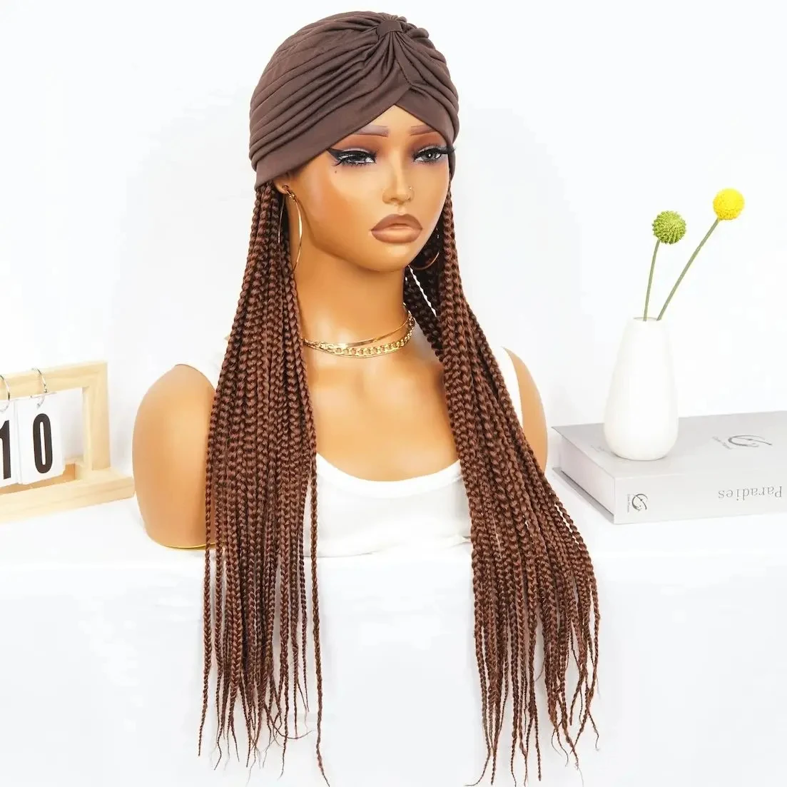 Braid Wig Headband Braided Headband Wigs for Black Women Synthetic Wigs With Turban Hat Box Braiding Hair Brown Knotless