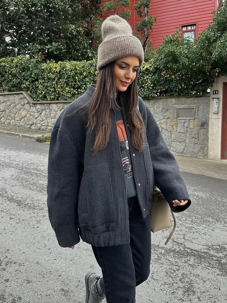 Gray Bomber Jacket Women Long Sleeve Stand Collar Oversize Pocket Coat Autumn Female Fashion Single Breasted Streetwear Coats