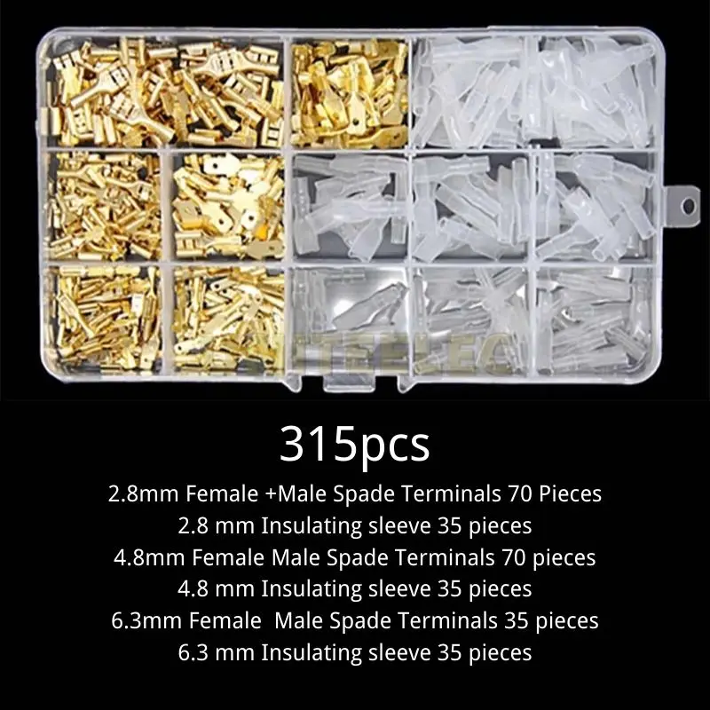 

315 Pcs/Set 2.8/4.8/6.3mm Male Female Spade Connectors Wire Crimp Terminal Block with Insulating Sleeve Assortment Kit