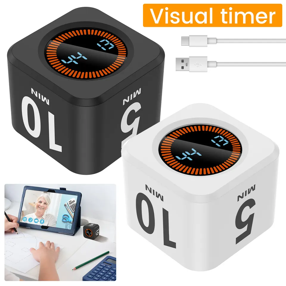 Timer A Cubo Digitale Con Sensore Di Gravità – Ricaricabile USB, Regolabile, Silenzioso O Con Suono, Per Cucina, Studio, Bambini, Lavoro (Nero)