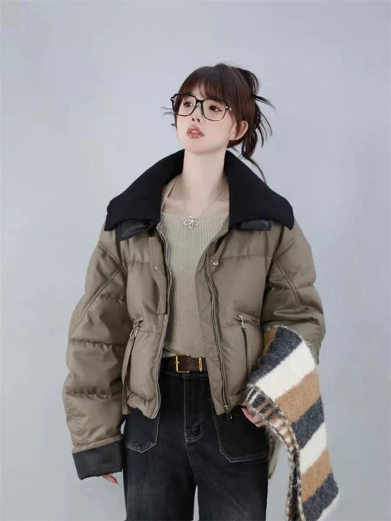 2025 Women Coffee Black Short Parkas Thicken Warm Long Sleeve Lapel Cotton Padded Coat Vintage Winter Student Jacket Streetwear