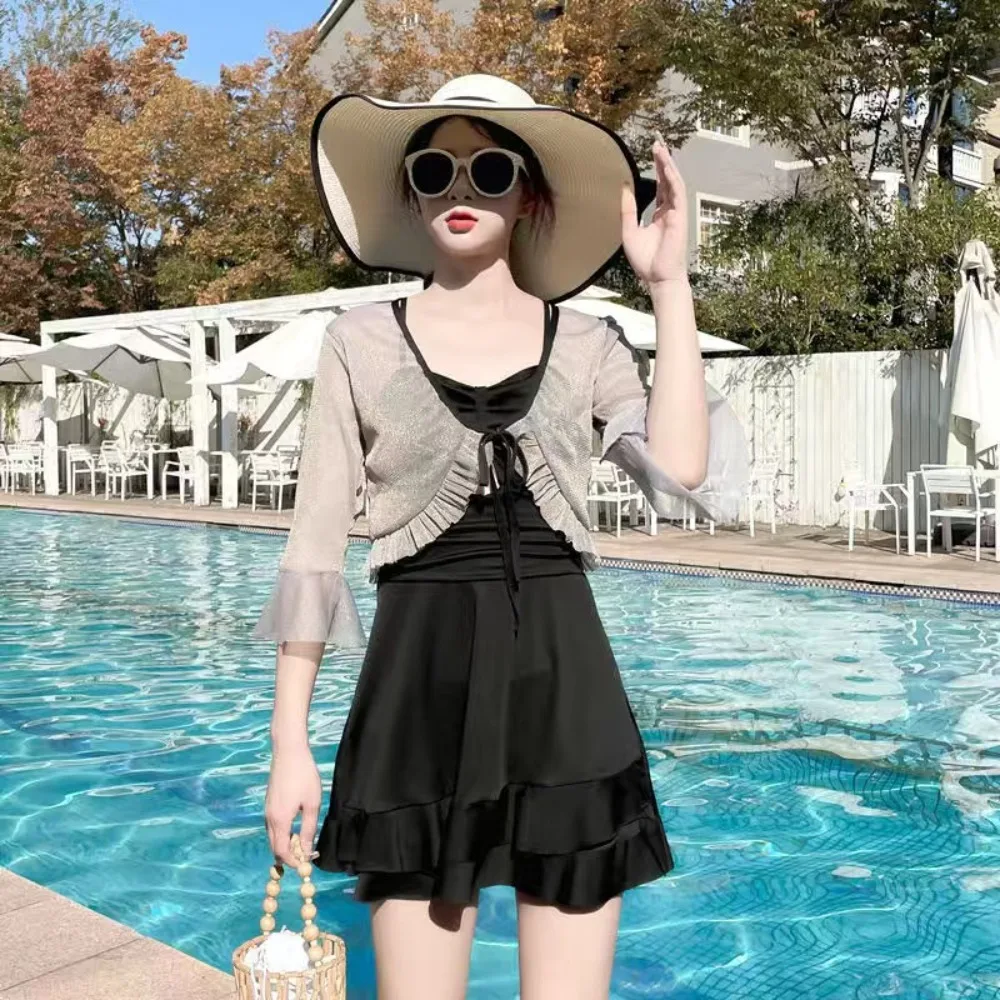 

Слитный купальник из полиэстера с юбкой, модный однотонный женский купальный костюм, комплект из двух предметов, купальник