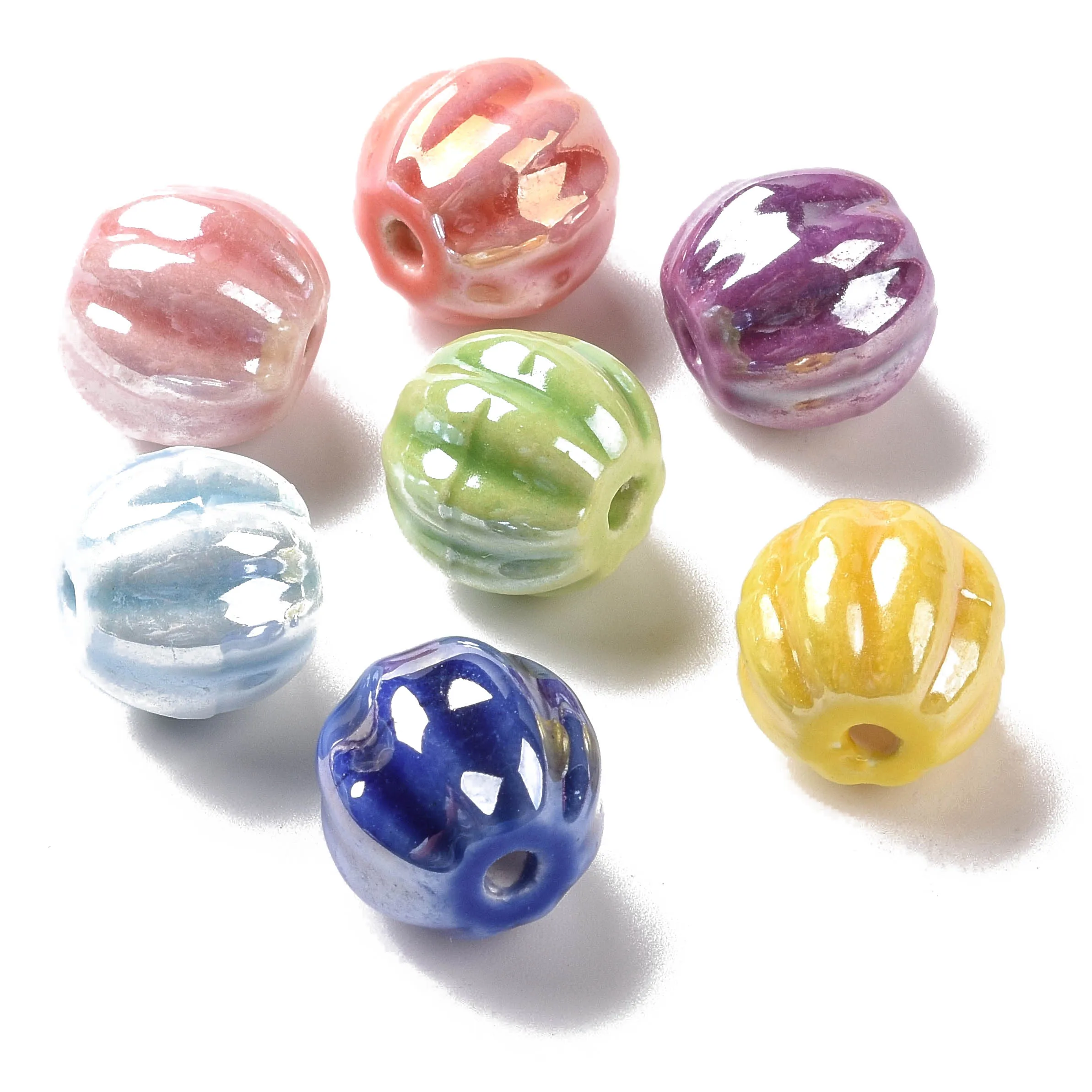 200Pcs Handmade Ceramic Porcelain Beads Pearlized Colorful Pumpkin Spacer Bead Charms For Jewelry Making Necklace Accessories