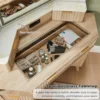 Vanity Desk with 3 Way Mirror and Lights, 48" Large Corner Vanity Table with Glass Top,Storage Cabinets & Shelves, Natural Oak 4