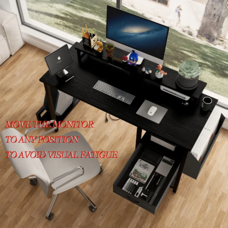 47.3" Computer Power Outlet  Monitor Stands  Shees  Office Desk/writing Table/gaming Desk With Drawers  Large Side Pocket 5