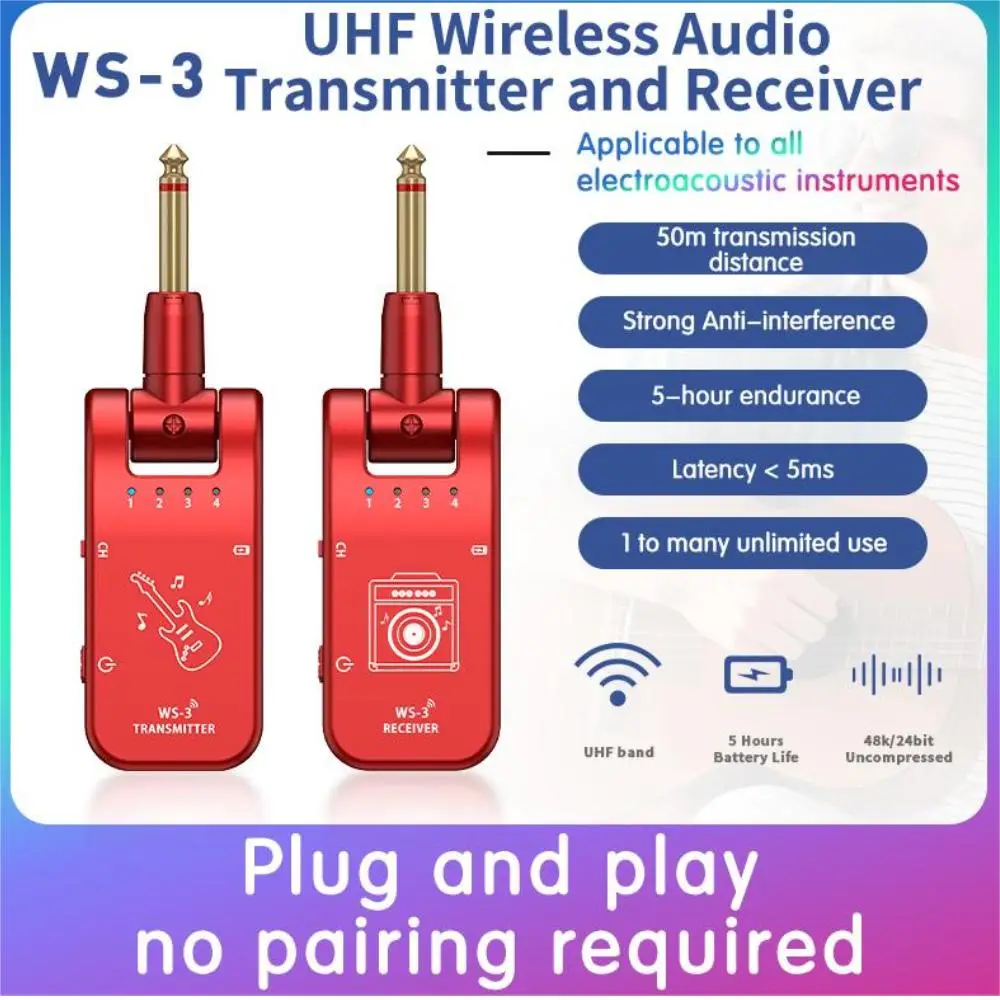 Wireless Guitar Transmitter & Receiver UHF 4 Channels 800MHz-900MHz Plug and Play 282 Degrees Spin 6.35mm Audio Guitars Fitting