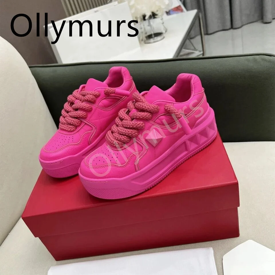 

White Shoes Red Pink Color Brand Vulcanized Shoes Leather Platform Sneakers Studded Tenis Flats AutumnDesign