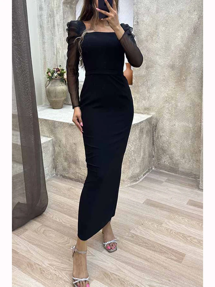 

Black Elegant Lace Long Sleeve Midi Dress Wome 2023 Autumn Fashion Sexy Square Collar Party Club Birthday A-line Slim Dresses