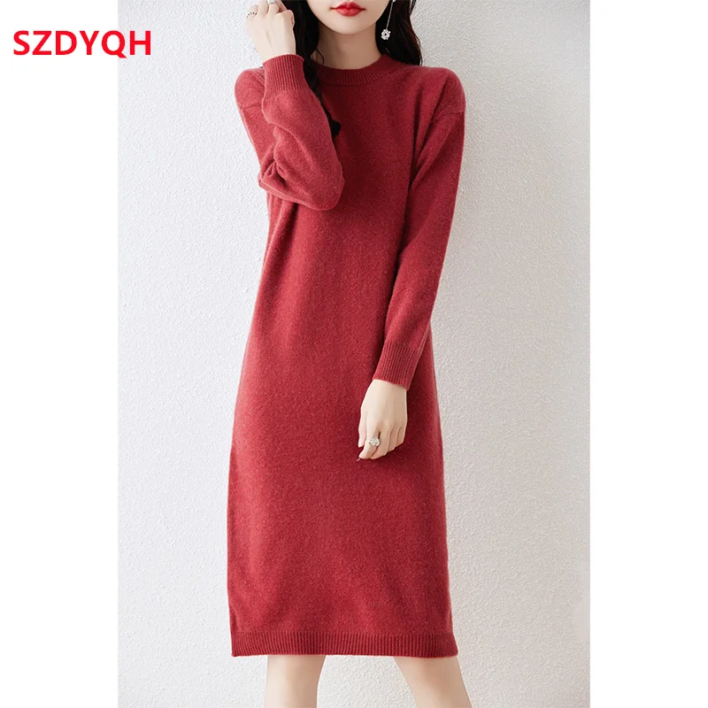 

Hot Sale Women 100% Merino Wool Sweater Dress 2023 Autumn/Winter New Female O-Neck Warm Dresses Casual Basic Knitted Pullover