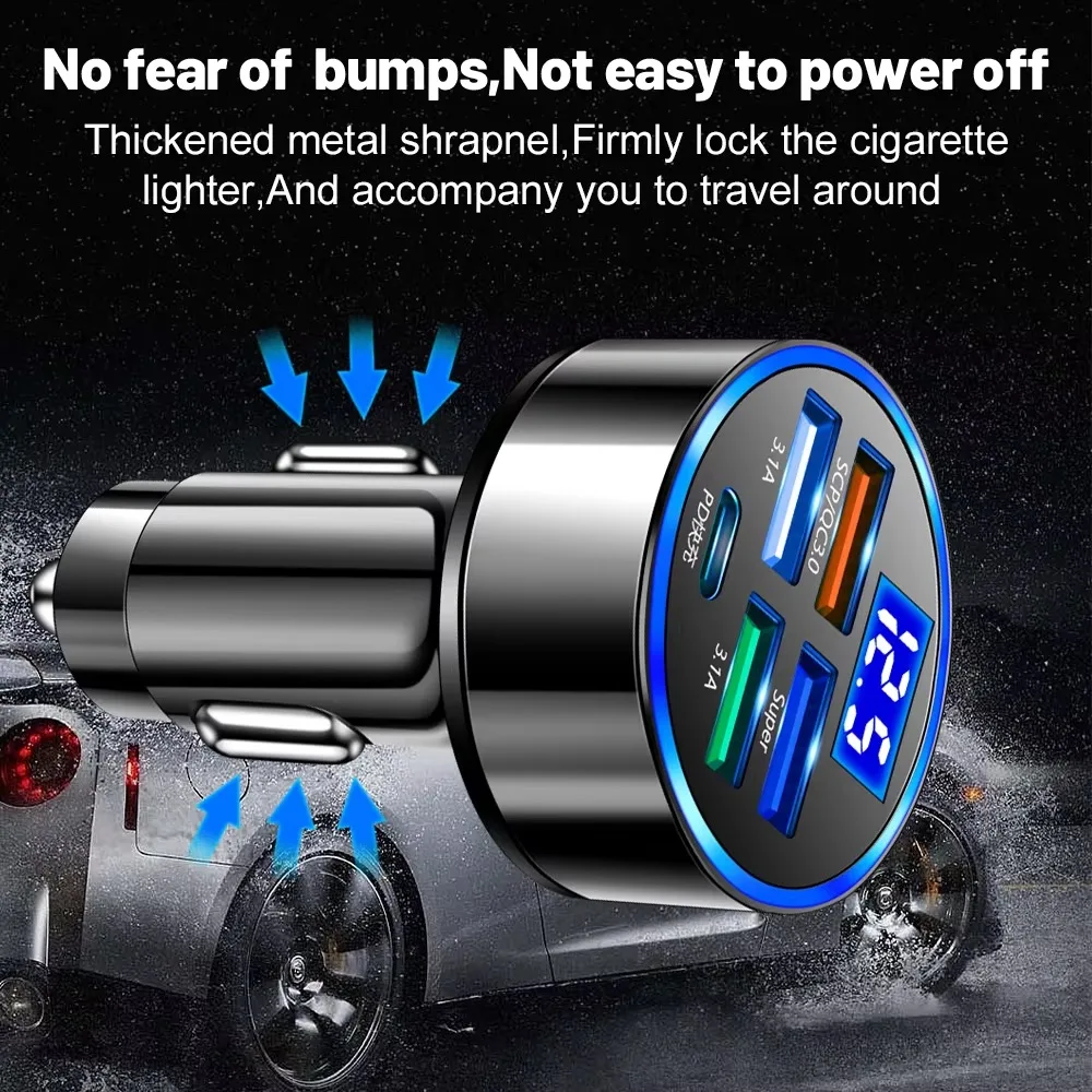 Multi Ports USB C Car Charger Fast Charging Phone Adapter in Car with Voltage Display For iPhone Samsung Huawei Android Phone 5