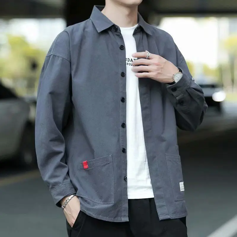 Spring Autumn New Solid Color Letter Printing Shirt Man High Street Casual Loose Button Cardigan Long Sleeve All-match Y2K Tops