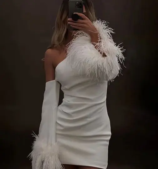 

Cutubly Elegant Women's Evening Dresses Party Night Fashion Diagonal Shoulder Bodycon Cocktail Dress With Sleeve Trim Feather