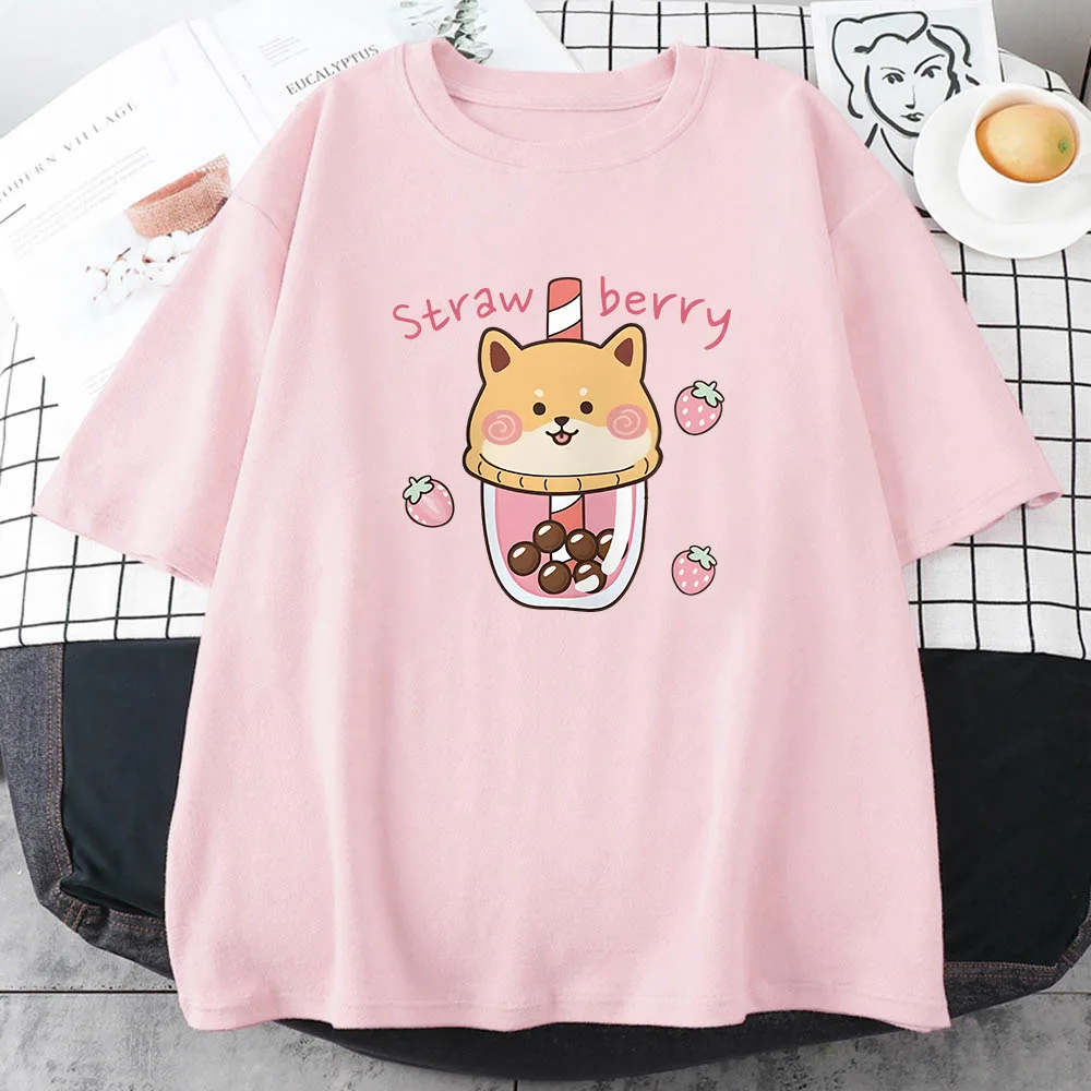 Kawaii Strawberry Milk Graphic Tee - Soft Cotton Short Sleeve Casual Top