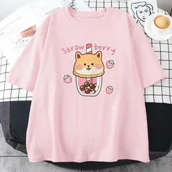 Kawaii Strawberry Milk Graphic Tee - Soft Cotton Short Sleeve Casual Top - S (Pink)