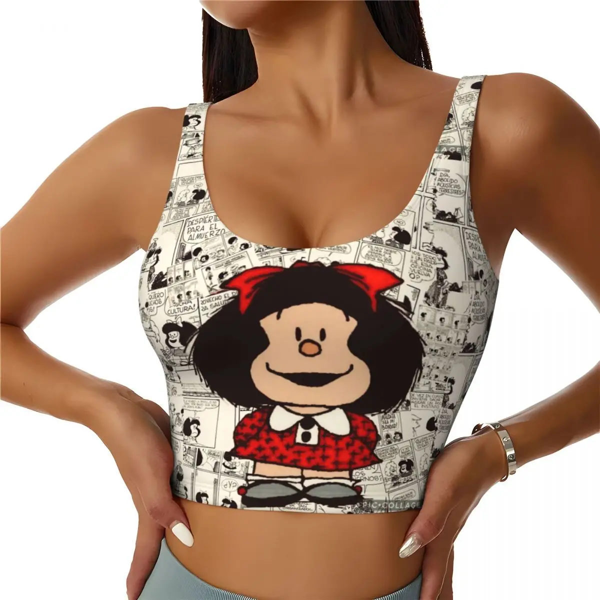 Women Anime Mafalda Sports Bras Cartoon Kawaii High Impact Gym Workout Running Crop Tank Tops