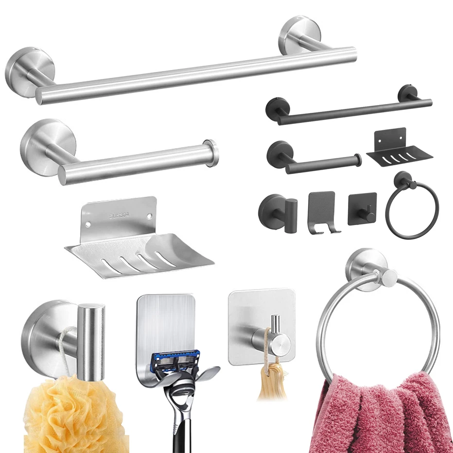 Self-adhesive Silver Bathroom Hardware Accessories Set Stainless Steel  Toilet Paper Holder Towel Bar Hook Bathroom Accessories - AliExpress