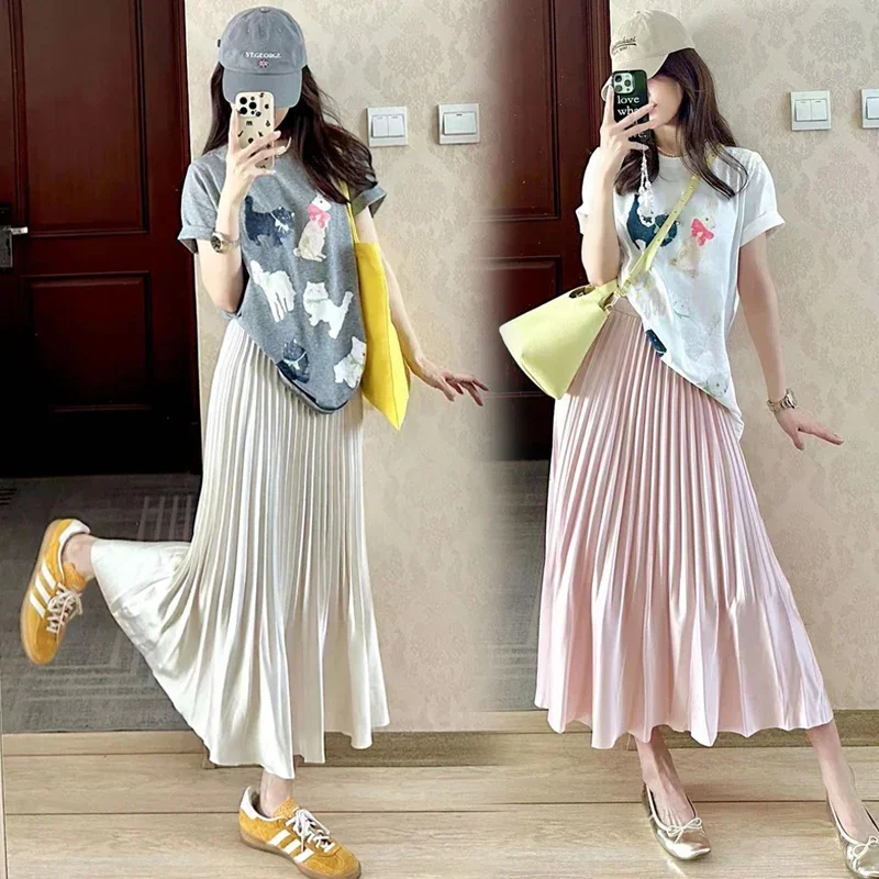Good Quality Summer Maternity Belly Skirts Adjustable Waist Pregnant Woman Pleated Skirt Long Loose Pregnancy Empired Skirt