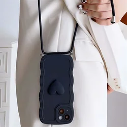 Elegant Crossbody Necklace Lanyard with 3D Love Heart Wave Design Case - iPhone 15 (Black)