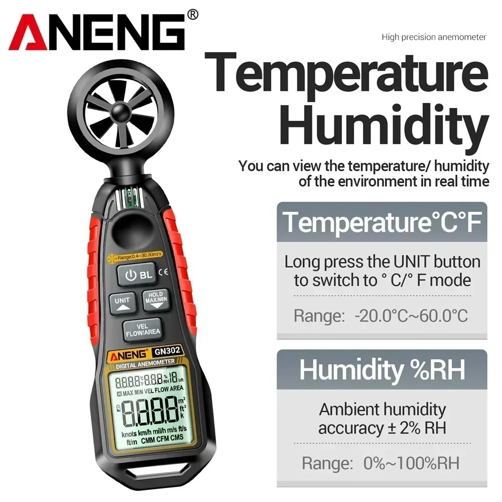 휴대용 디지털 풍속계 ANENG GN302, 풍속 풍량계, 풍속 습도 온도 측정기 -20 ° C60 ° C