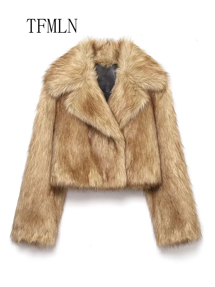 Vintage Women Faux Fur Cropped Coats 2025 Autumn Winter Causal Notched Long Sleeve Chic Jackets Retro High Street Solid Outwear