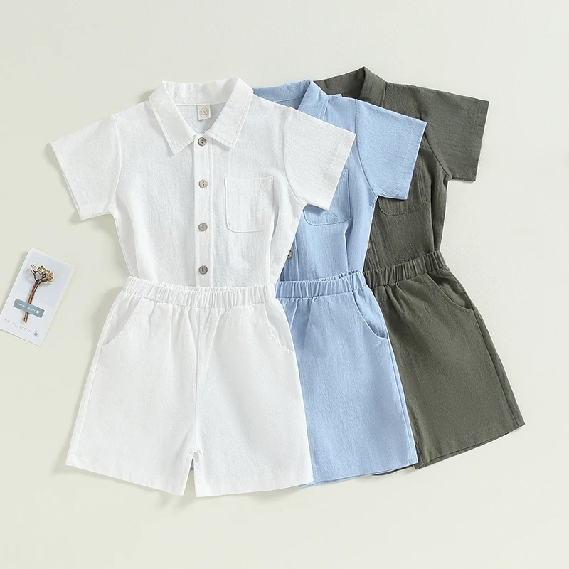 

Fashion Toddler Boy Formal Outfit Sets Solid Color Button Short Sleeve Tops and Elastic Shorts Summer Casual Daily Clothes