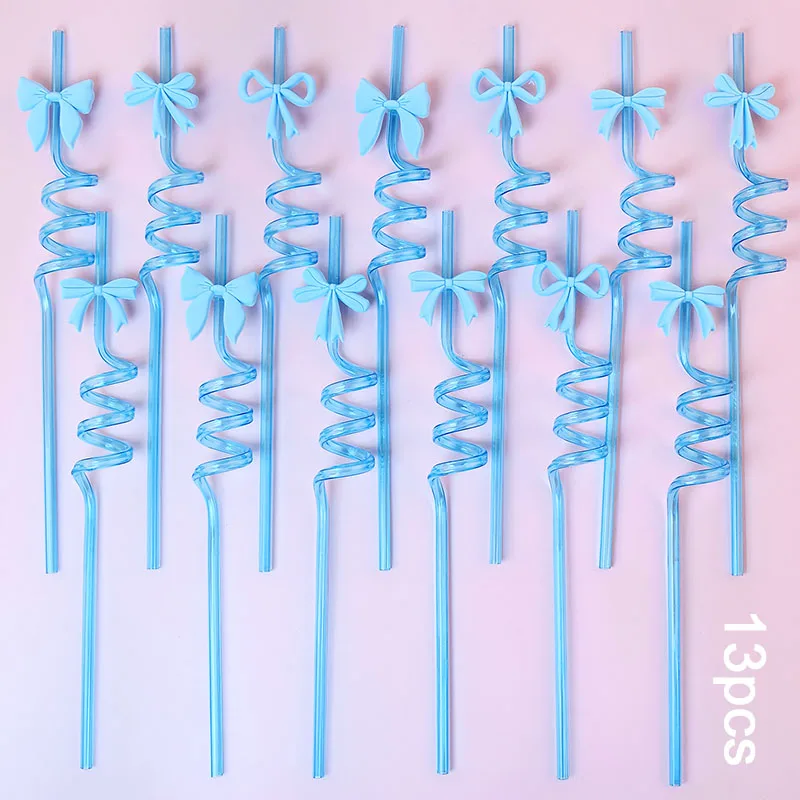 Reusable Blue Bow-Themed Spiral Straws - Set of 16 for Parties and Celebrations