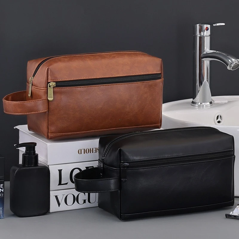 Men Leather Travel Business Shaving Cosmetic Bag Storage Portable Toiletry Bag Large Capacity Organizer Handheld Make Up Bag