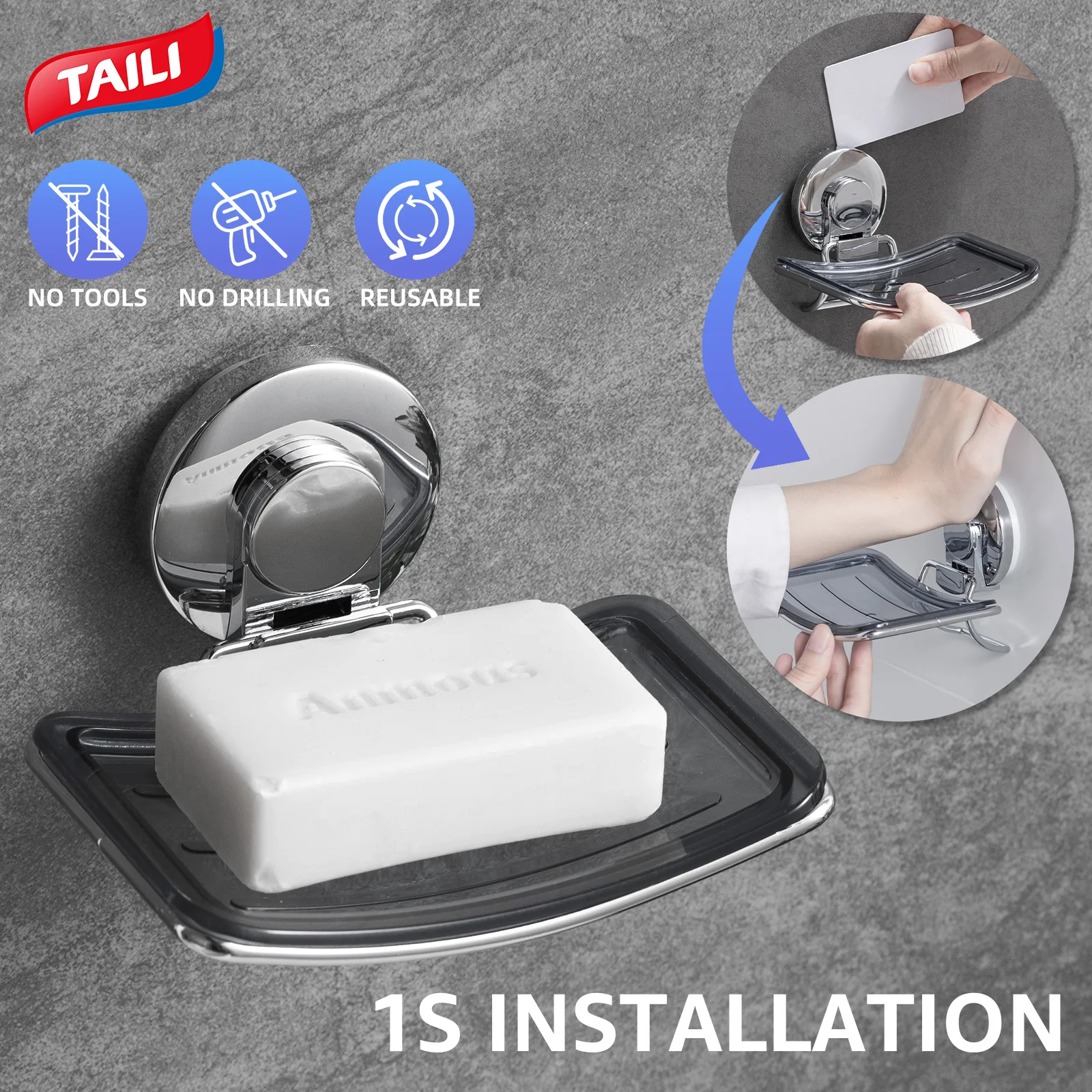 TAILI Suction Cup Soap Dish Powerful Vacuum Suction Soap Holder, Strong Sponge Holder for Shower, Bathroom, Tub and Kitchen Sink 2
