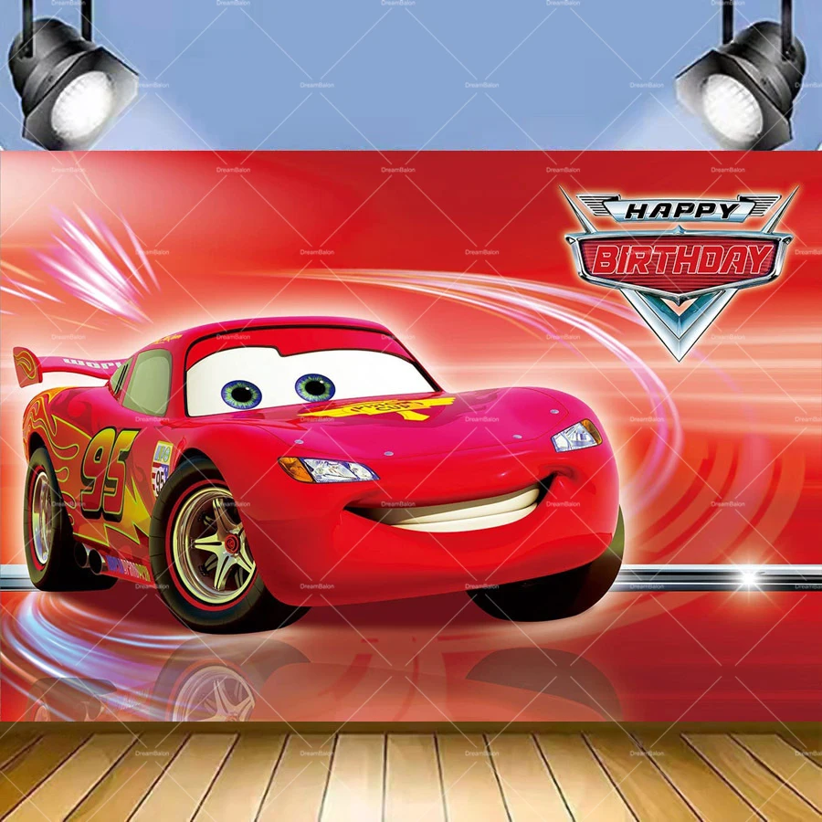 thumbnail image 1 of Globos de Disney Cars, decoración para fiesta de Rayo Mcqueen, pancarta de feliz cumpleaños, vajilla de Pixar, telón de fondo, adorno para tarta de coche de carreras, 1 of 5