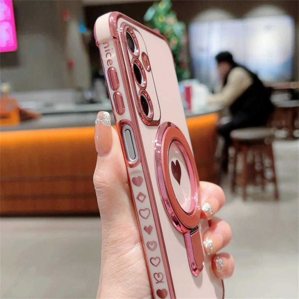 Magnetic Plating Heart Stand Phone Case For Samsung Galaxy Series_voghion.com