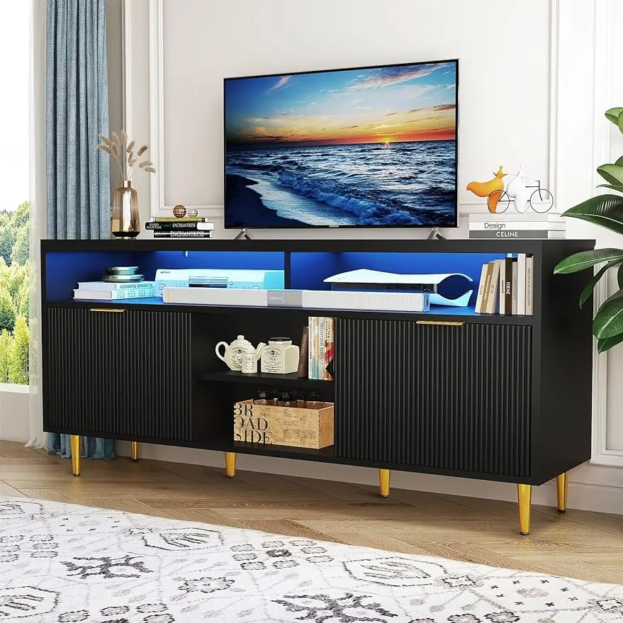 

TV Stand for 55 60 70 inch TV, Mid Century Modern TV Stands for Bedroom with LED, Entertainment Center with Storage Cabinets,