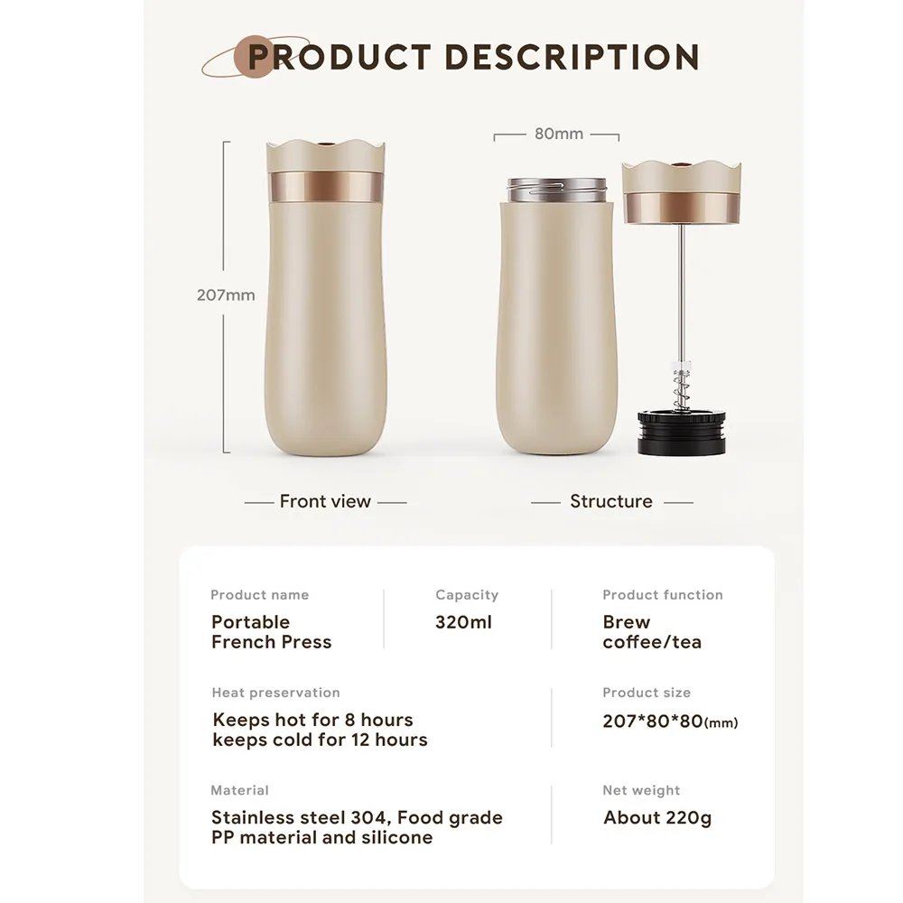 Portable French Press Coffee Tea Mug 12oz with Carry Loop Plastic Stainless Steel French Press Coffee Maker Great Camping Travel