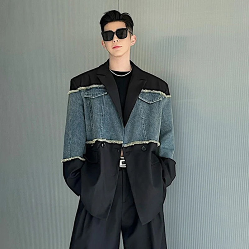 IEFB Patchwork Men's Suit Jacket Spring Deconstructed Washed Denim Spliced Male Lapel Blazer Contrast Color Top 9C5170