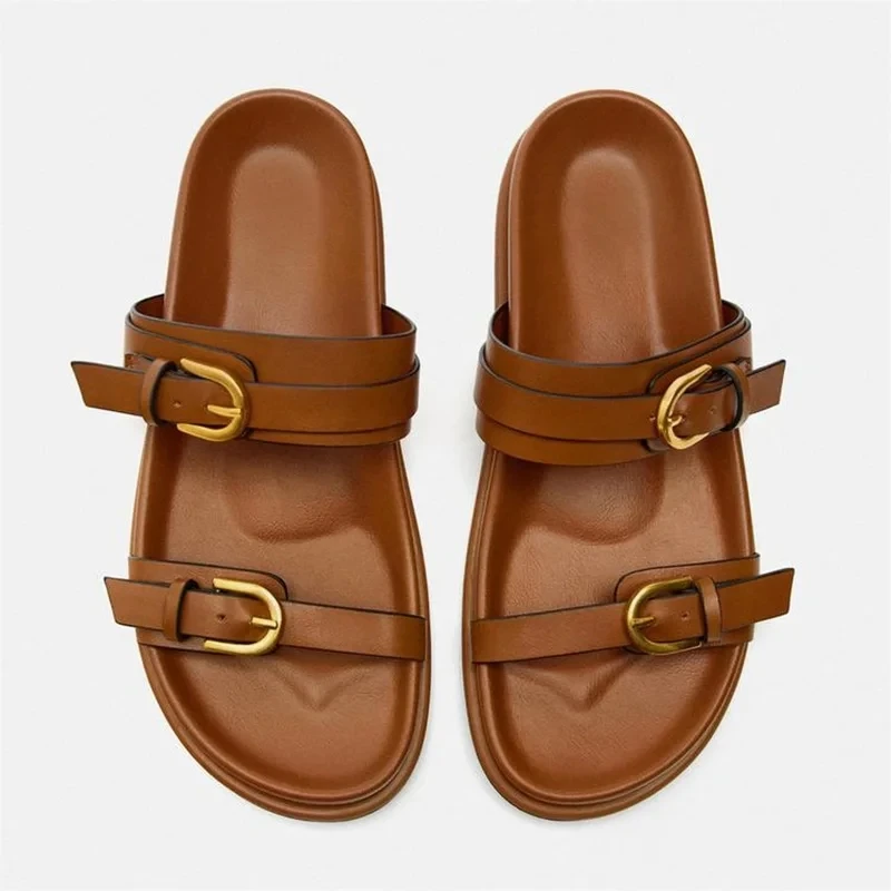 2024 Woman's Fashion Buckle Straps Sandals New Brown Casual Round Toes Slipper For Women Chic Metal Buckle Flats Slingback Shoes