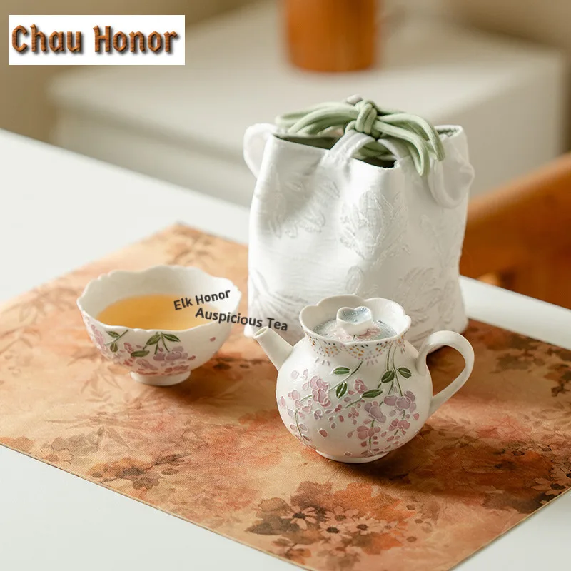 Hand-painted Wisteria Flowers Travel Tea Set Kit Luxury 1 Pot 1 Cups Tea Maker Organizer Portable Outdoor Handbag Craft Gift