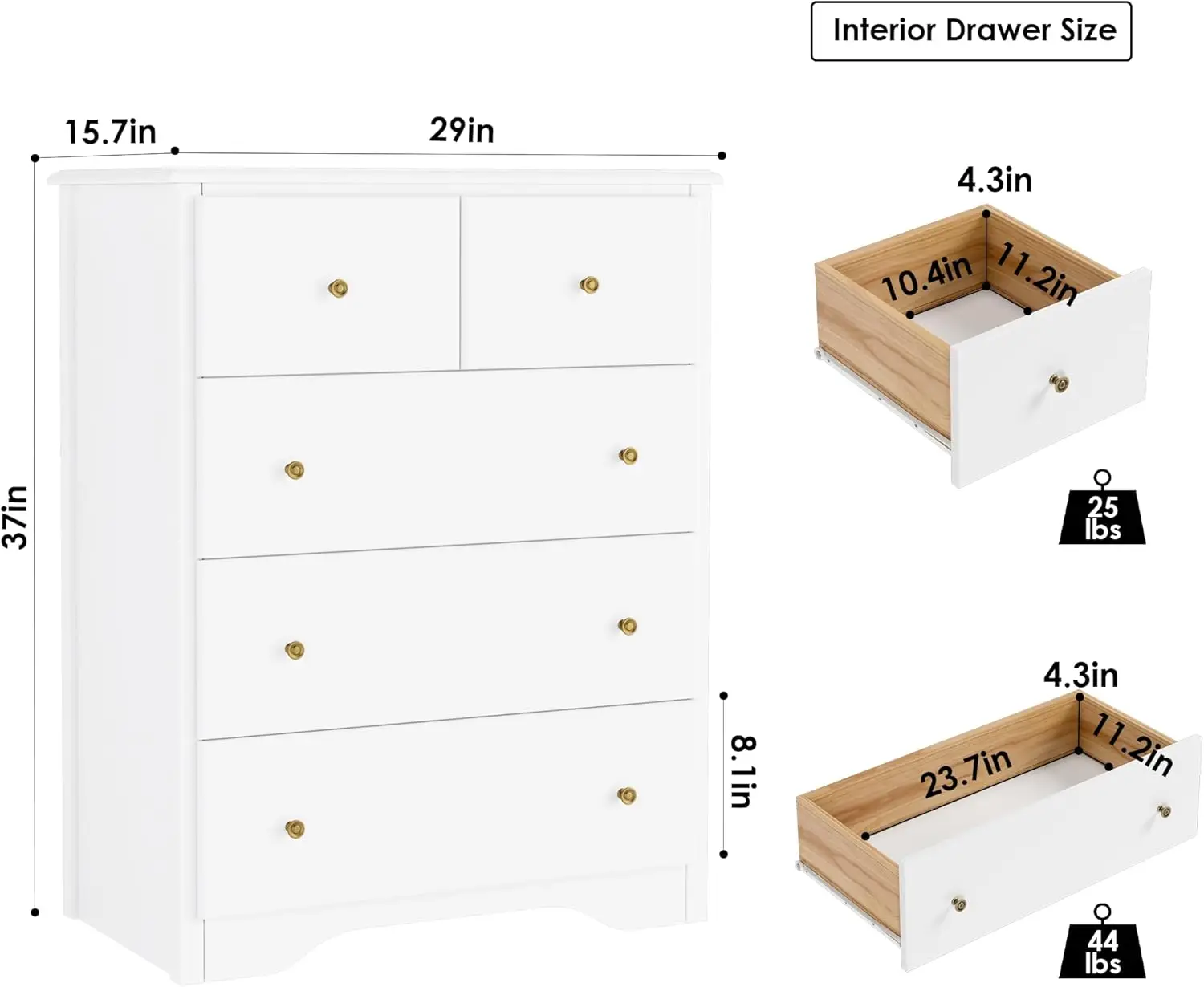 Dresser with 5 Drawers, Tall Chest of Drawers, 5 Drawer with Deep Space, Wood Storage Cabinet fo