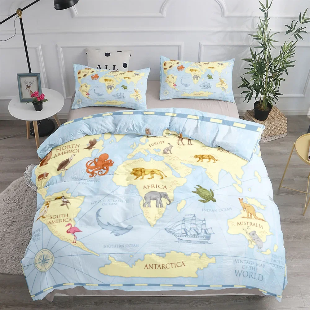 World Nautical Map Duvet Cover Set Bed Linen Collection King Queen Double Full Twin Single Size Fits Comforter