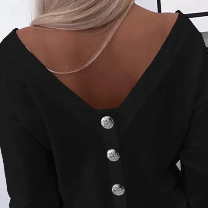 New Fashion Women's Autumn Long Sleeved Back Button Solid Color V-neck Base Shirt Top 207