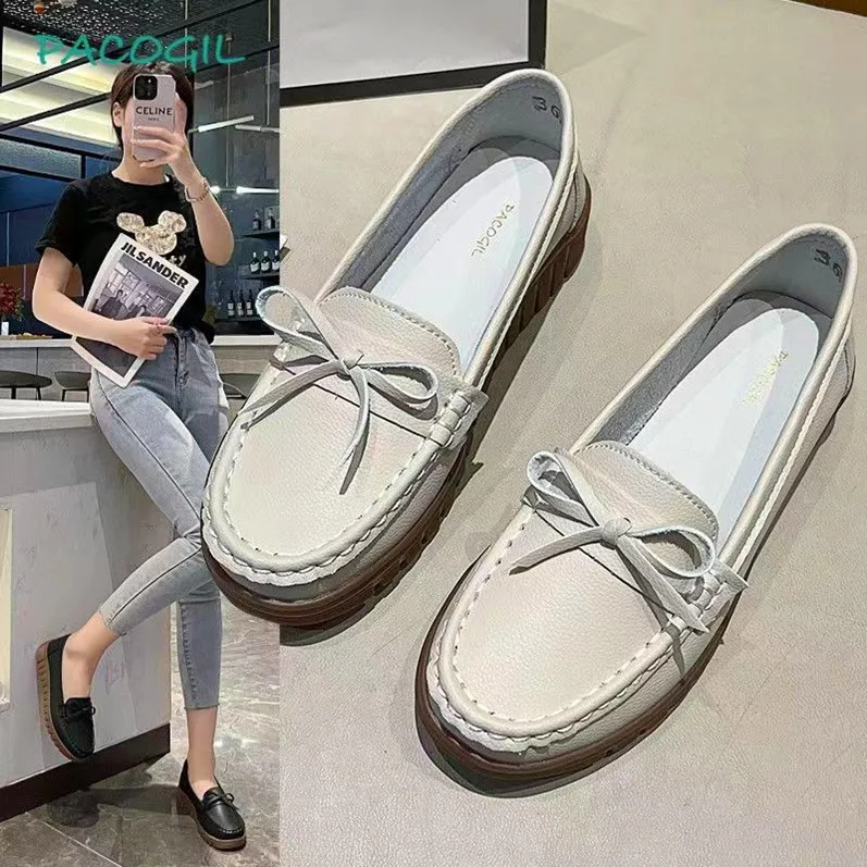 

Мокасины женские с круглым носком, мягкие повседневные туфли, без застежки, с бантом, с закрытым носком, удобная летняя обувь, 2024