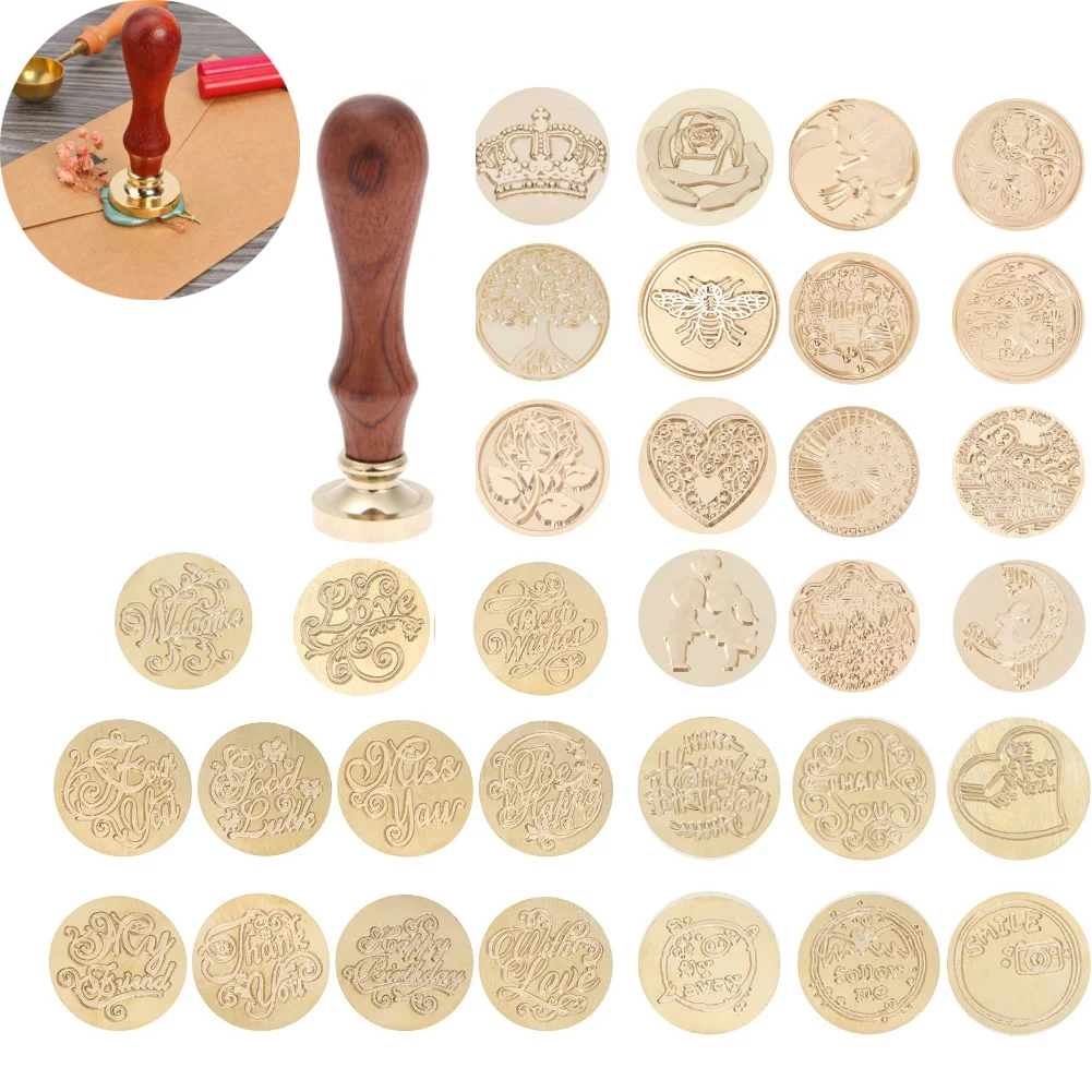 Wax Seal Stamp Set Sealing Wax Seal Stamp Head Retro European Flower Fire Paint Wooden Handle For Wedding Invitation Signature Kids Toy