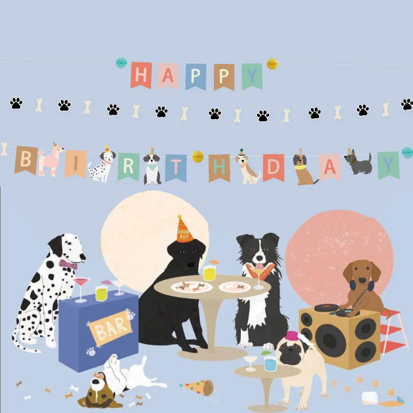 Banderole Happy Birthday Avec Pattes De Chien - Déco Fête Anniversaire Thème Chiot, Facile à Suspendre