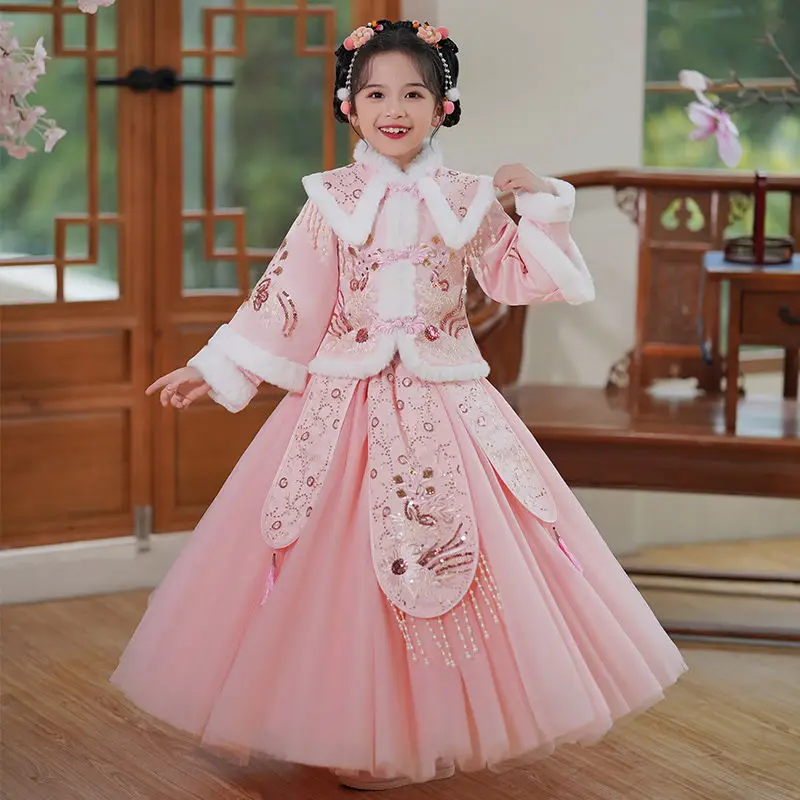 

Girls Hanfu Winter Outfit 2023 New Chinese New Year Tang Suit for Kids Thickened Traditional Chinese Dress for Girls