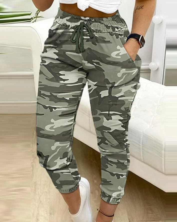 Women's Spring/summer/autumn Harlan Pants Camo Printed Pocket Design Drawstring Sports Casual Comfortable Pants