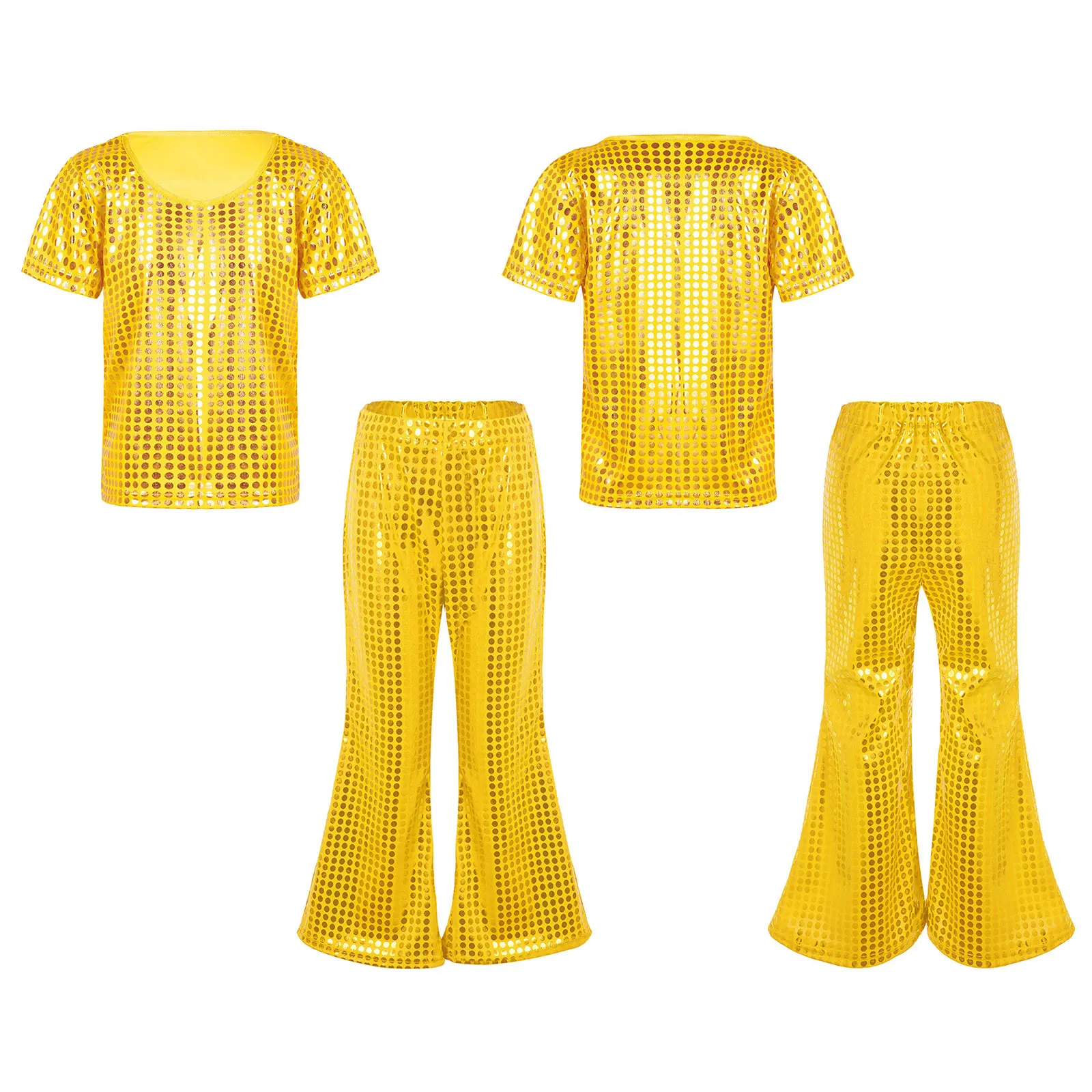 Bambini Ragazzi Ragazze Hip Hop Jazz Abiti da ballo di strada Costume da performance sul palco T-shirt con paillettes lucide Pantaloni svasati Set Abbigliamento da ballo - immagine 5