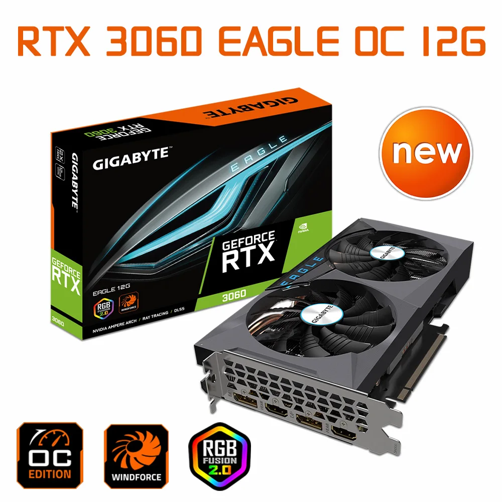 GDDR6 Gigabyte GeForce RTX 3060 EAGLE OC 12G LHR Graphics RTX 3060 Dual Fan  HDCP 192Bit 15000MHz RTX 3060 Gaming Video Card New