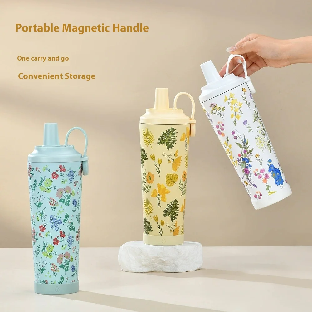 New 830ml Large Capacity Insulated Cup Portable Magnetic Handle Water Cup Large Hole Suction Pearl Print Water Cup Straw Cup view 2