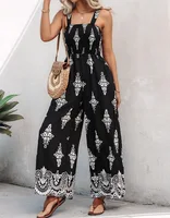 Summer New Women's Woven Position Printing Halterone-piece Overall Pants with Pockets Wide-leg Pants